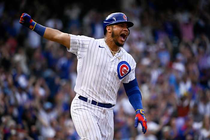 Former Cubs catcher Willson Contreras reacts after hitting a walk-off single.